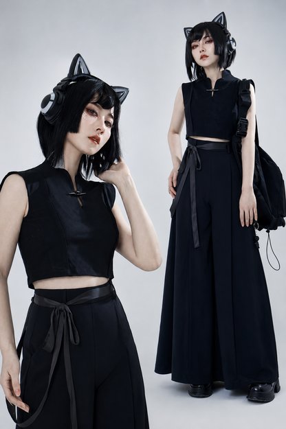 [Pre-Order] Black/White Cyber Chinese Crop Top
