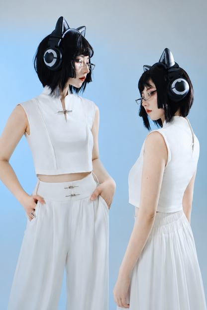 [Pre-Order] Black/White Cyber Chinese Crop Top