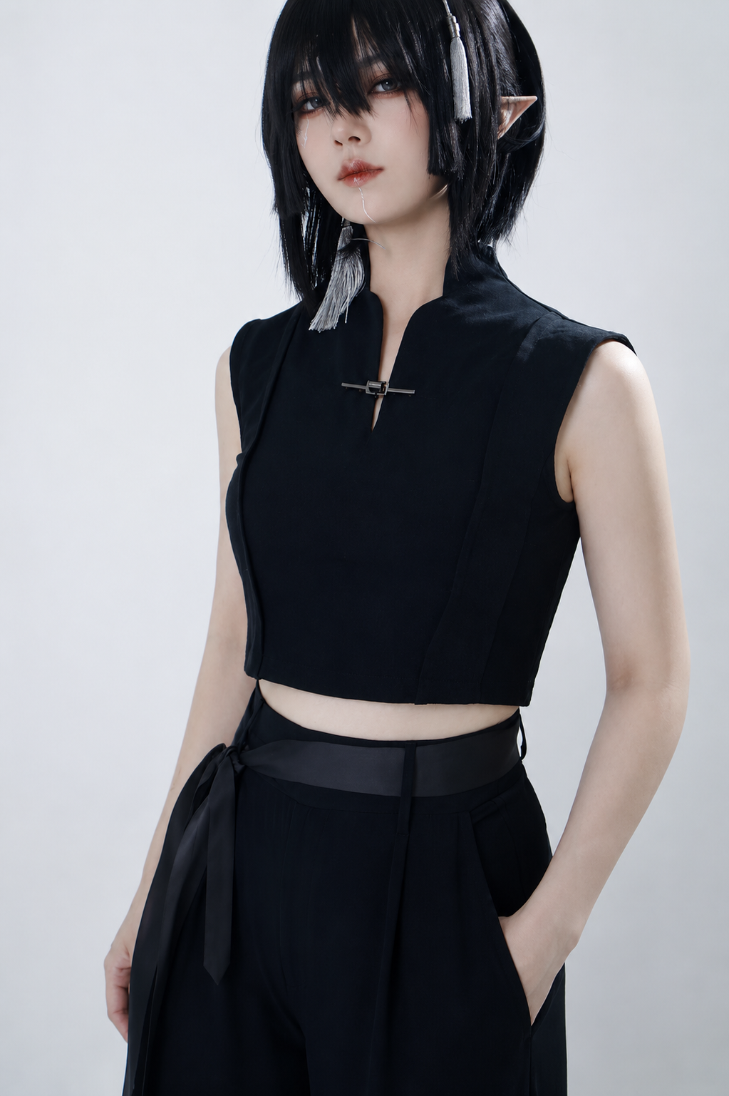 [Pre-Order] Black/White Cyber Chinese Crop Top