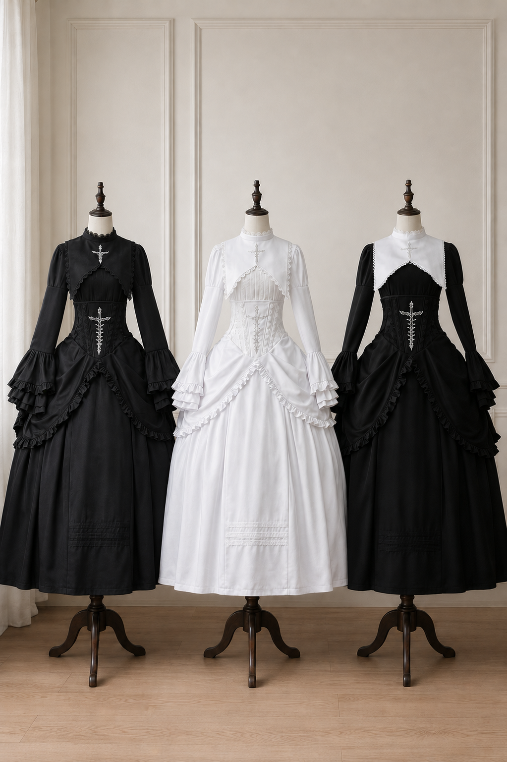 [Termine prenotazione 30 maggio] Abito gothic lolita bianco e nero con maniche svasate + sopragonna a corsetto rialzabile con croci + set completo