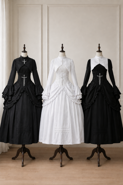 [Termine prenotazione 30 maggio] Abito gothic lolita bianco e nero con maniche svasate + sopragonna a corsetto rialzabile con croci + set completo
