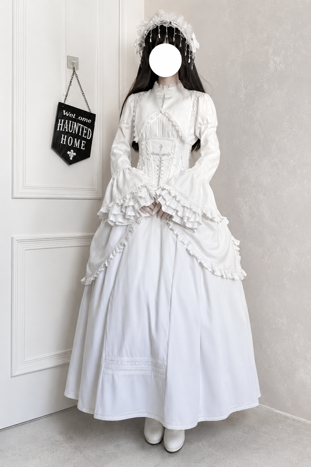 [Termine prenotazione 30 maggio] Abito gothic lolita bianco e nero con maniche svasate + sopragonna a corsetto rialzabile con croci + set completo