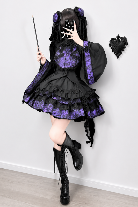【6月8日予約締切】ゴシックローズアシンメトリーフリル姫袖シャツ＋ローズレイヤードスカート＋ローズレースジャボカラー