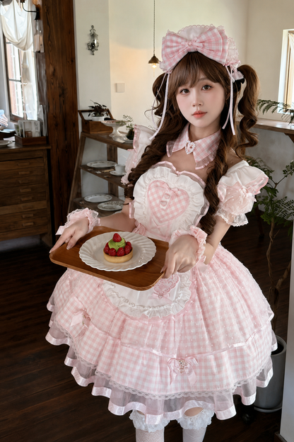 [Vorbestellschluss: 13. Juni] Rosa Vichy-Karo-Schürzenkleid mit freien Schultern, Puffärmeln und Schleife (mit Kragen-Choker) + Haarreif + Handgelenkmanschetten