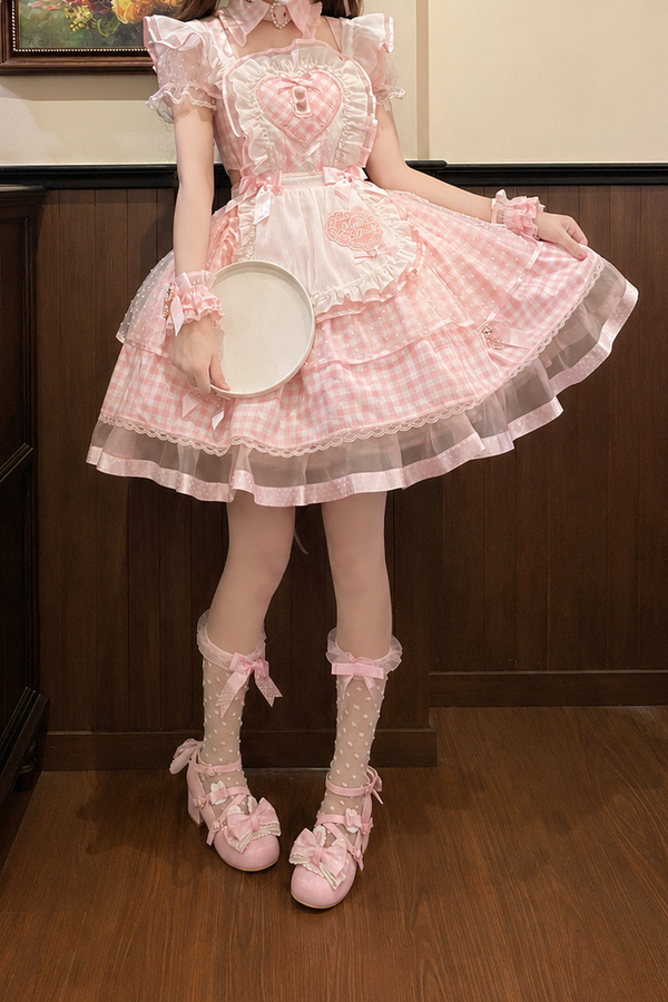 [Pre-order Deadline: June 13] Pink Gingham Off-Shoulder Puff-Sleeve Ribbon Apron Dress (with Collar Choker) + Headband + Wrist Cuffs
