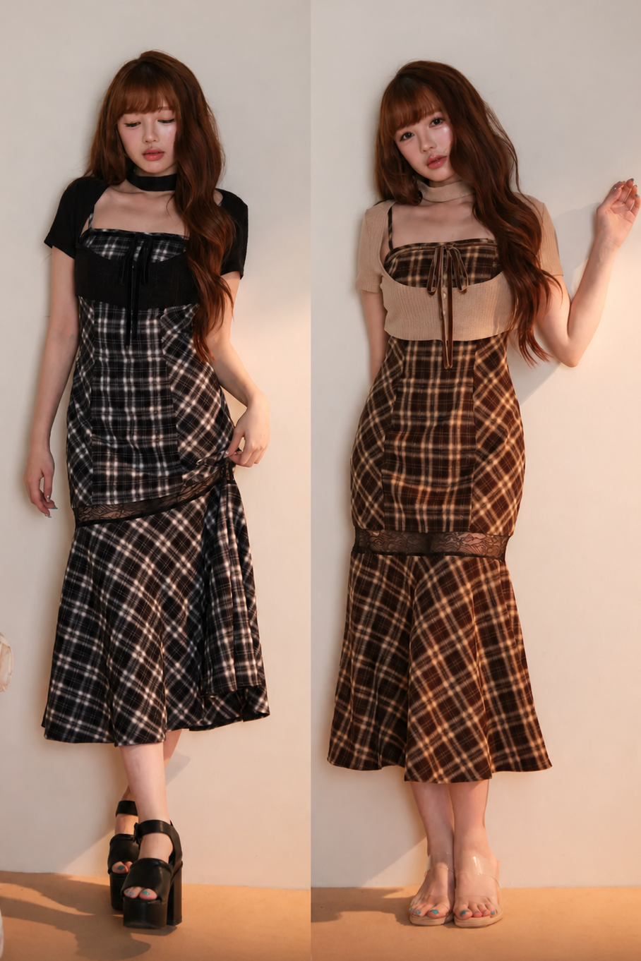 [Vorbestellung] Klassisches kariertes langes Kleid + Cardigan