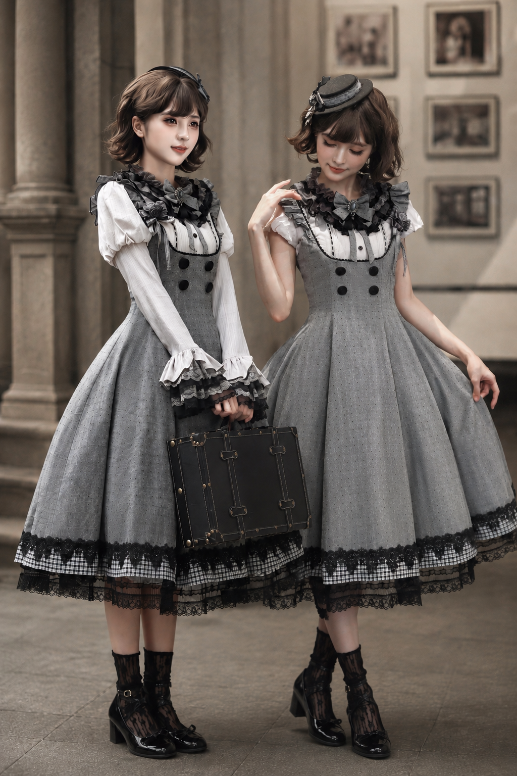 [Pre-order Deadline: May 19] Gray-Black Classic Lolita Top, JSK One-Piece & Bow Tie 3-Piece Ensemble