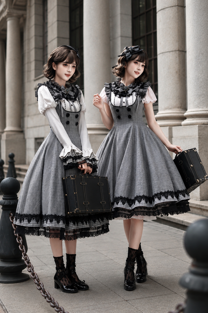[Pre-order Deadline: May 19] Gray-Black Classic Lolita Top, JSK One-Piece & Bow Tie 3-Piece Ensemble