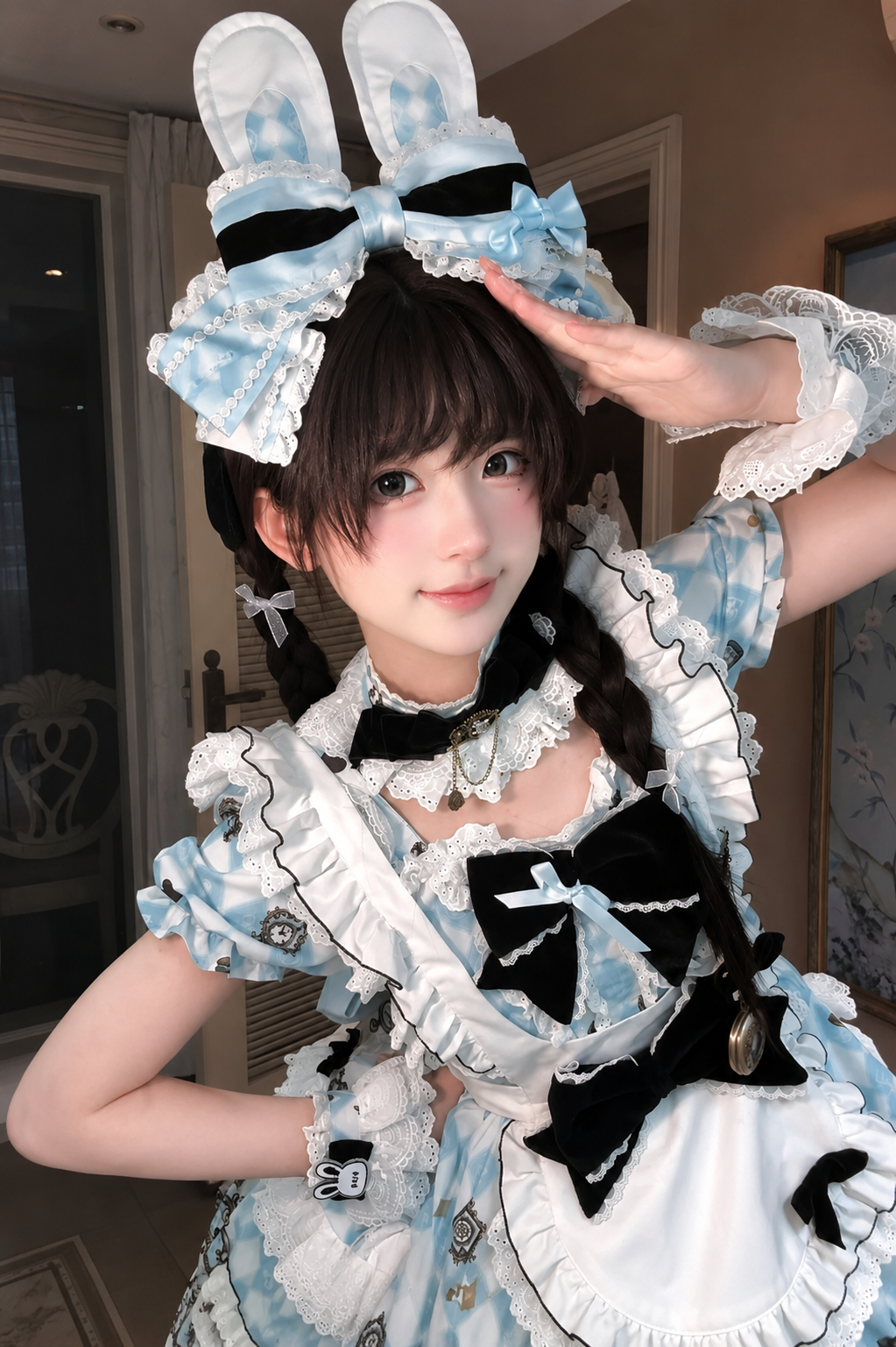 [Reservierungsschluss 30. Juni] Blaue x weiße Alice-im-Wunderland Sweet-Lolita-Accessoires-Serie (Hasenohren-Hut, Hasenohren-Haarreif, Halsband, Taschenuhr-Brosche, rückseitige Schleppen-Schleife, Handgelenkstulpen)