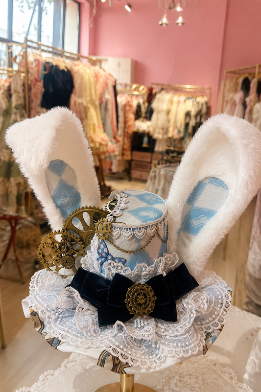 [Pre-order Deadline: June 30] Blue x White Alice Wonderland Sweet Lolita Series Accessories (Rabbit Ears Hat, Rabbit Ears Headband, Choker, Pocket Watch Brooch, Back Ribbon Train, Wrist Cuffs)