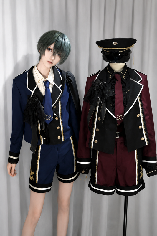 【6月28日予約締切】レッドブラック/ブルーブラックダークプリンスロリータジャケット＋ショートパンツ＋ネクタイ＋ウエストバッグ付きベルト