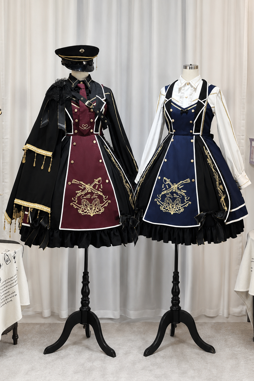【6月28日予約締切】レッドブラック/ブルーブラックダークロリータゴールドエンブロイダリーテーラーカラーJKSドレス＋ネクタイ＋ウエストバッグ付きベルト