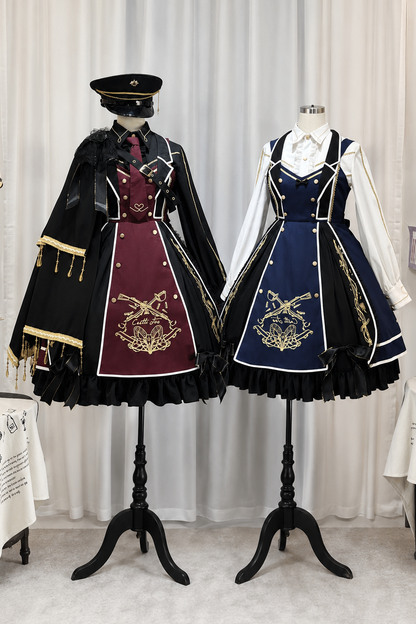 【6月28日予約締切】レッドブラック/ブルーブラックダークロリータゴールドエンブロイダリーテーラーカラーJKSドレス＋ネクタイ＋ウエストバッグ付きベルト