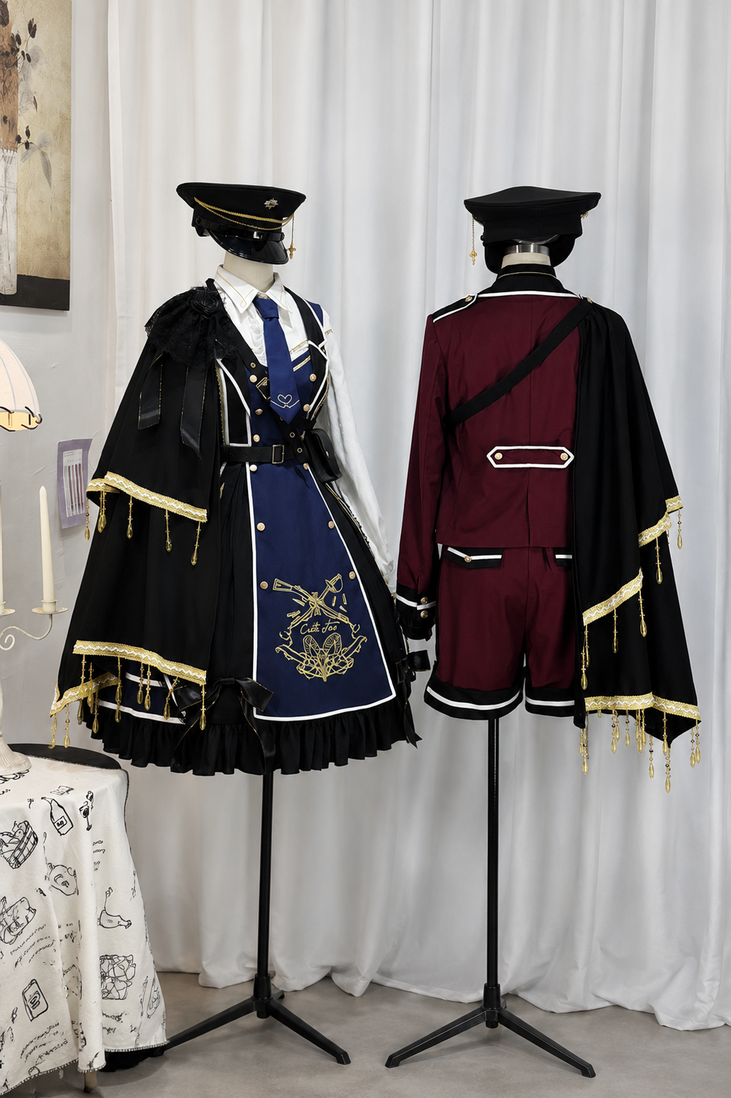 【6月28日予約締切】ダークプリンスロリータブラックワンショルダーケープ＋ゴールドチェーンミリタリーハット
