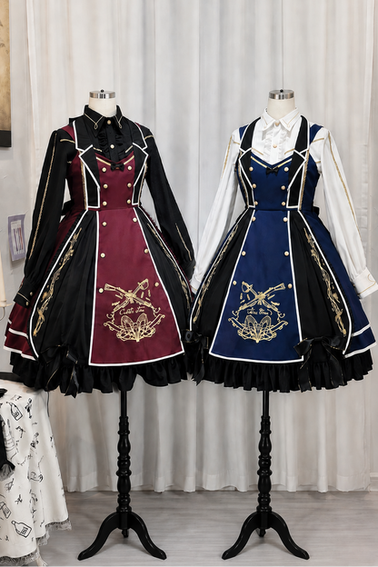【6月28日予約締切】レッドブラック/ブルーブラックダークロリータゴールドエンブロイダリーテーラーカラーJKSドレス＋ネクタイ＋ウエストバッグ付きベルト