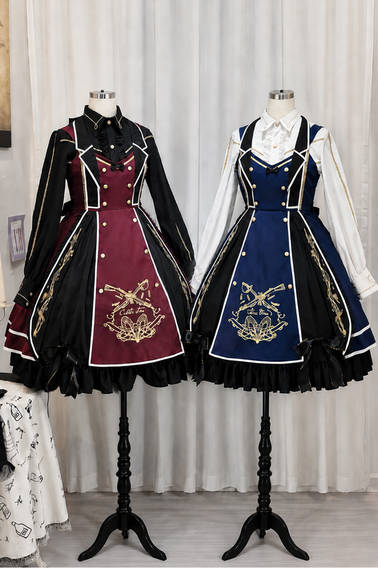 【6月28日予約締切】レッドブラック/ブルーブラックダークロリータゴールドエンブロイダリーテーラーカラーJKSドレス＋ネクタイ＋ウエストバッグ付きベルト
