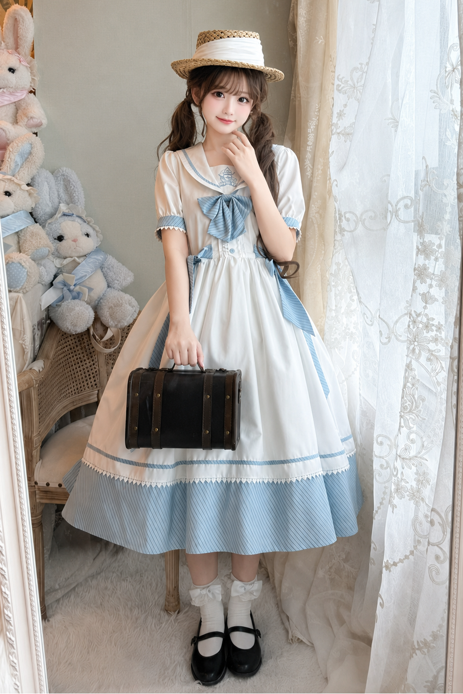 [Reservierungsschluss 28. Juni] 5 Farben/Sailor-Lolita-Streifenkleid mit Schleife und Puffärmeln