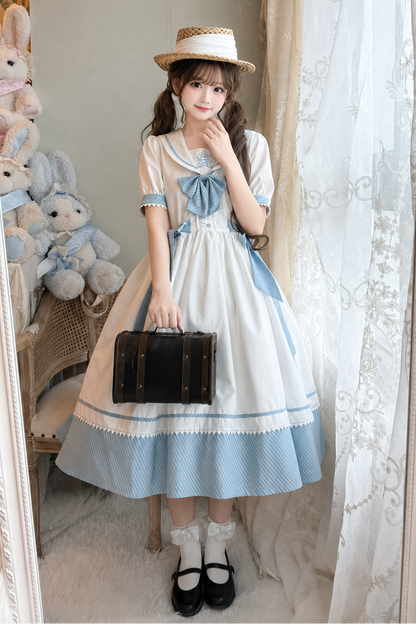 [Reservierungsschluss 28. Juni] 5 Farben/Sailor-Lolita-Streifenkleid mit Schleife und Puffärmeln