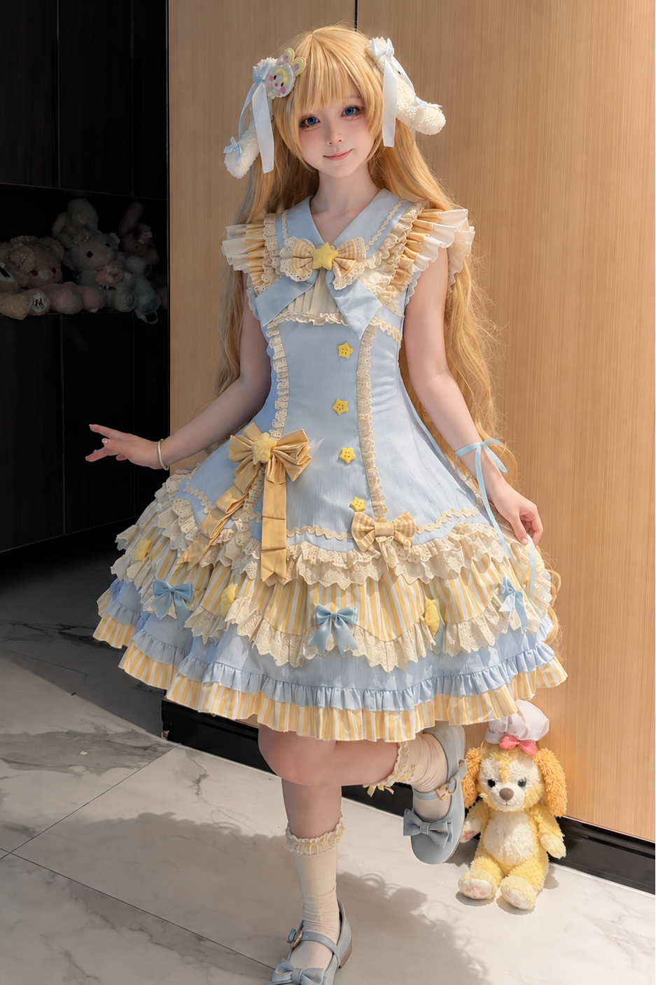 [Reservierungsschluss 22. Juni] Süßes Lolita-Stufenkleid in Pastell und Schwarz mit Sternen und Schleifen