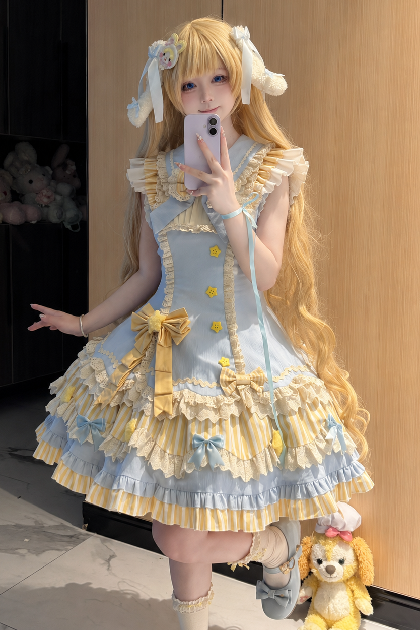 [Reservierungsschluss 22. Juni] Süßes Lolita-Stufenkleid in Pastell und Schwarz mit Sternen und Schleifen