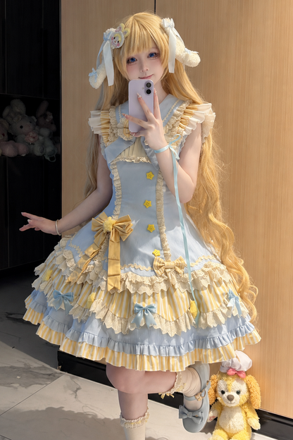 [Reservierungsschluss 22. Juni] Süßes Lolita-Stufenkleid in Pastell und Schwarz mit Sternen und Schleifen