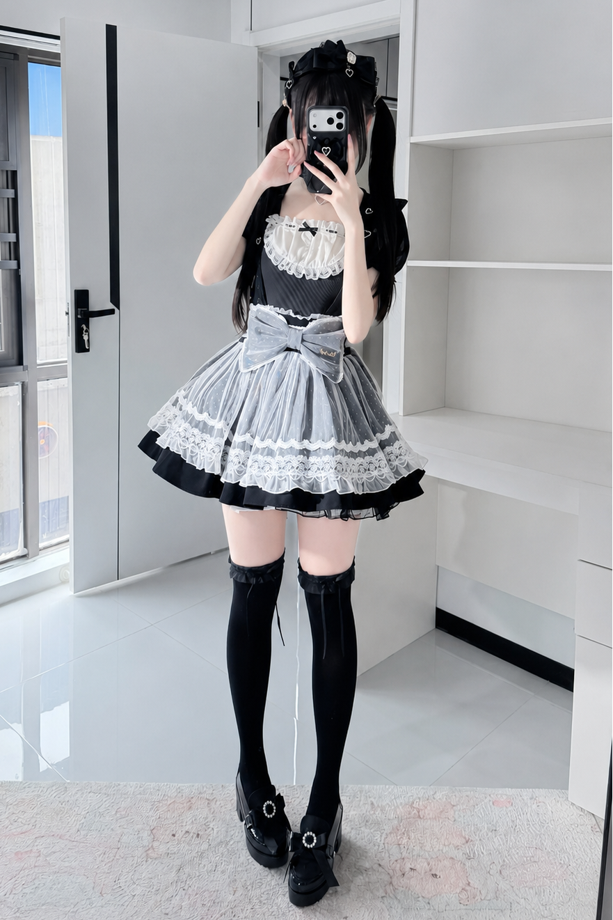 【6月28日予約締切】ブラック/ライトグレースクエアネックラインストーンパフスリーブレースリボントップス（チョーカー付き）