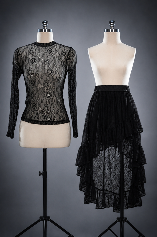 [Pre-order Deadline: July 8] White/Black Victorian Gothic Sheer Floral Lace Top + Layered Lace High-Low Skirt (with Inner Shorts)