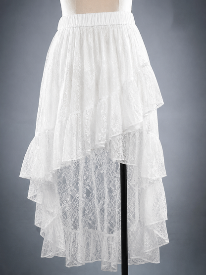 [Date limite de réservation : 8 juillet] Hauts en dentelle florale transparente gothique victorienne blanc/noir + jupe asymétrique en dentelle superposée (avec short intérieur)