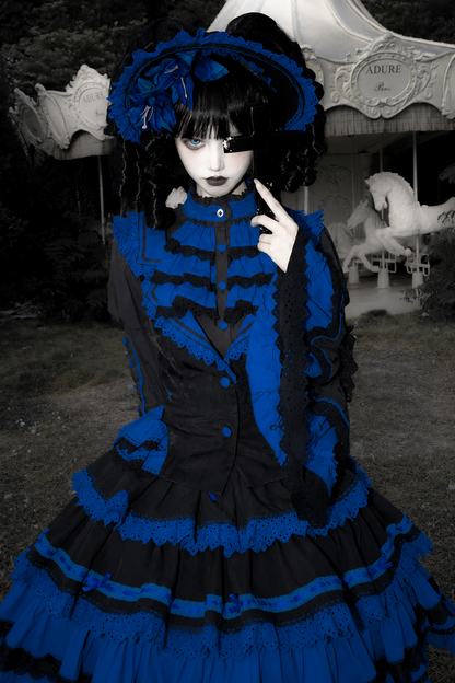 [Vorbestellfrist: 13. Juli] Kleinblaue Gothic-Lolita-Rüschen-Stufenkleid-Komplettset