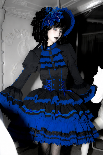 [Vorbestellfrist: 13. Juli] Kleinblaue Gothic-Lolita-Rüschen-Stufenkleid-Komplettset