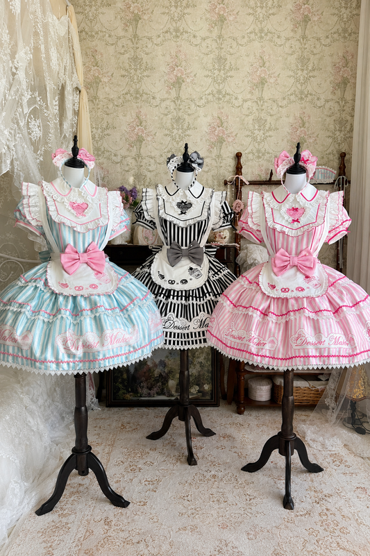 【6月18日予約締切】ピンク/ ブルー/ブラックスイートメイドロリータキャンディストライプティアードドレス＋ドレスセット1/2/3