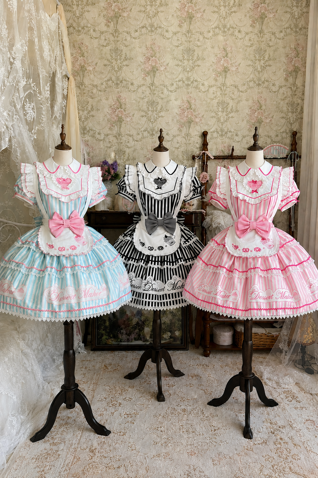 【6月18日予約締切】ピンク/ ブルー/ブラックスイートメイドロリータキャンディストライプティアードドレス＋ドレスセット1/2/3
