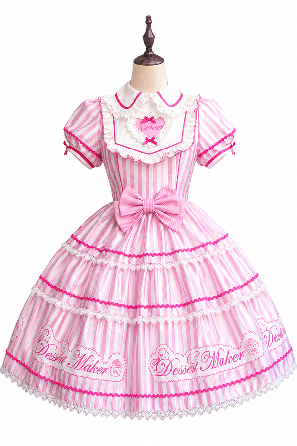 【6月18日予約締切】ピンク/ ブルー/ブラックスイートメイドロリータキャンディストライプティアードドレス＋ドレスセット1/2/3