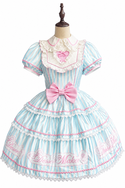 【6月18日予約締切】ピンク/ ブルー/ブラックスイートメイドロリータキャンディストライプティアードドレス＋ドレスセット1/2/3