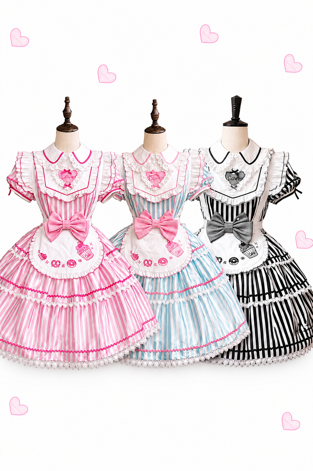 【6月18日予約締切】ピンク/ ブルー/ブラックスイートメイドロリータキャンディストライプティアードドレス＋ドレスセット1/2/3