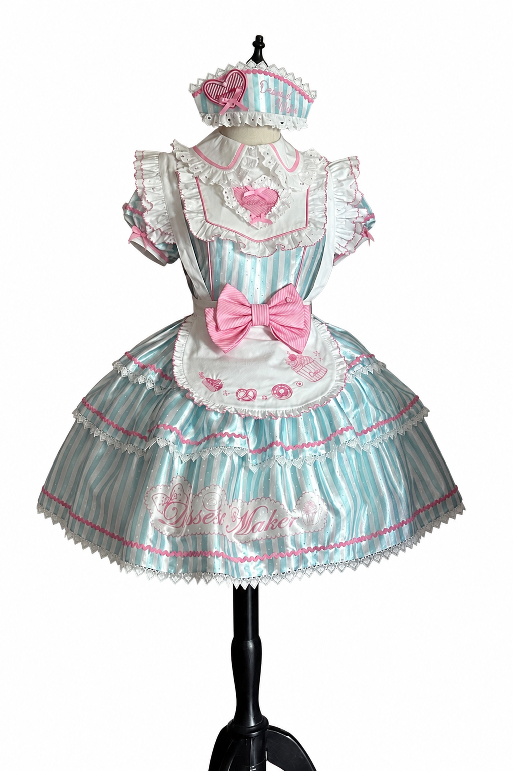 【6月18日予約締切】ピンク/ ブルー/ブラックスイートメイドロリータキャンディストライプティアードドレス＋ドレスセット1/2/3