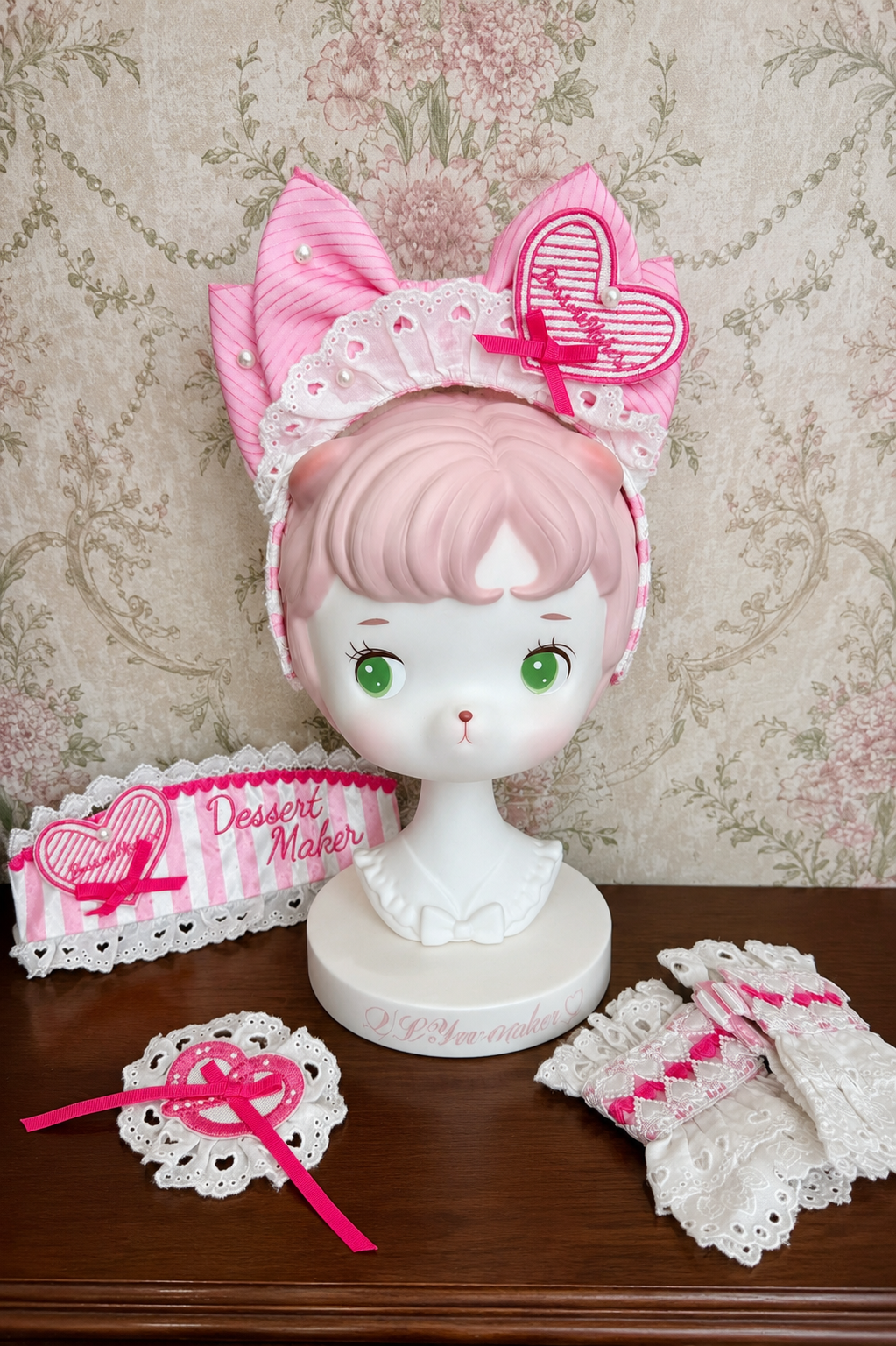 【6月18日予約締切】ピンク/ ブルー/ブラックスイートメイドロリータキャンディストライプシリーズアクセサリー（ナースハット・カチューシャ・エプロン・ヘアクリップ・リストカフス）
