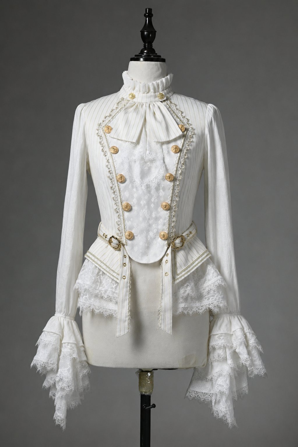 [Pre-order Deadline: July 25] Black/White Gothic Lolita Military Prince Double-Breasted Ruffle Sleeve Jacket Shirt (with Jabot Tie)