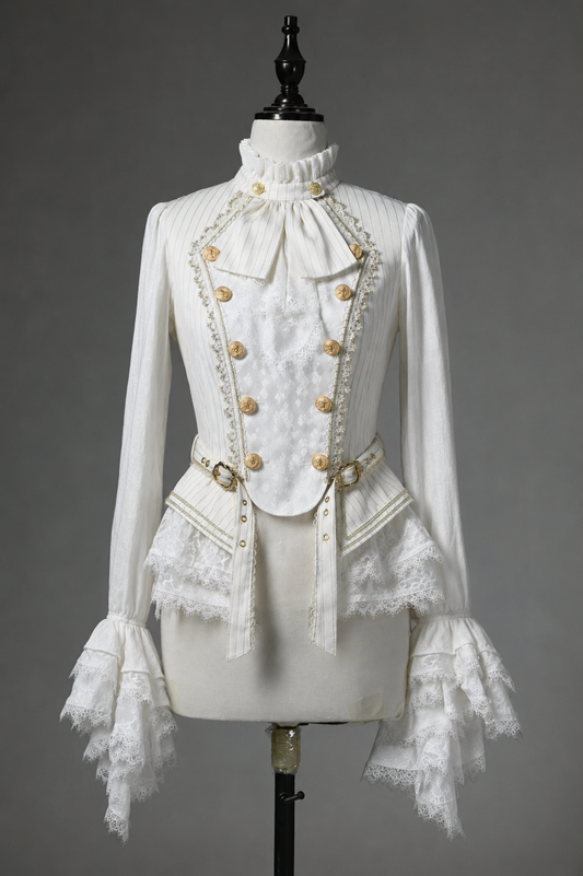 [Pre-order Deadline: July 25] Black/White Gothic Lolita Military Prince Double-Breasted Ruffle Sleeve Jacket Shirt (with Jabot Tie)