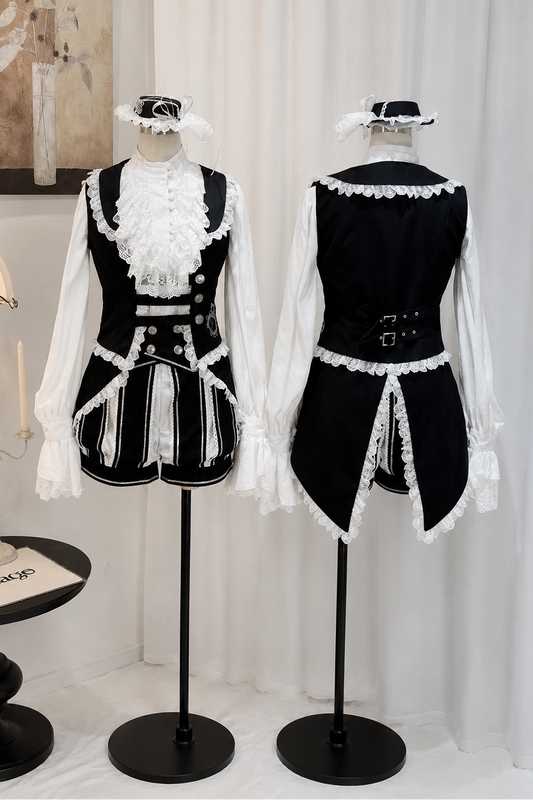 【7月18日予約締切】ブラック×ホワイトプリンスロリータレーストリムテールベスト＋ゴシックストライプショートパンツ