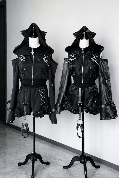 [Vorbestellungsartikel] Glänzende und mattschwarze Gothic-Cyber-Katzenohren-Kapuzenjacke mit freien Schultern und Reißverschluss+kurze Hose mit Beinringen im Set