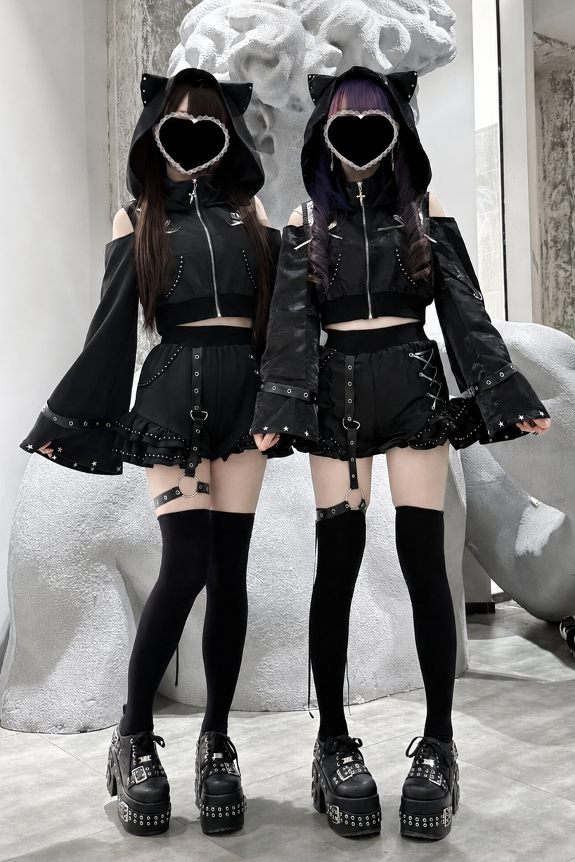 [Vorbestellungsartikel] Glänzende und mattschwarze Gothic-Cyber-Katzenohren-Kapuzenjacke mit freien Schultern und Reißverschluss+kurze Hose mit Beinringen im Set