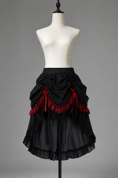 [Pre-order] Red and Black Dark Gothic Lolita Ruffle Slit Long Skirt + Pull-Up Overskirt