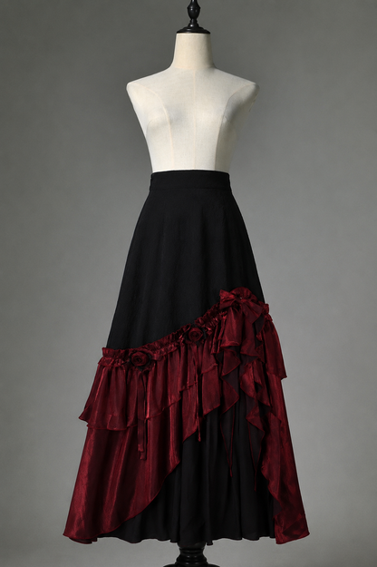[Pre-order] Red and Black Dark Gothic Lolita Ruffle Slit Long Skirt + Pull-Up Overskirt