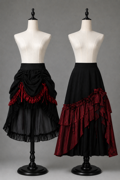 [Pre-order] Red and Black Dark Gothic Lolita Ruffle Slit Long Skirt + Pull-Up Overskirt