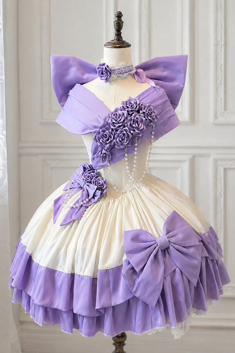 [Vorbestellfrist 28. Juni] Lila-weißes schulterfreies Princess-Lolita-Kleid mit Rosenband + Komplettset + Accessoires