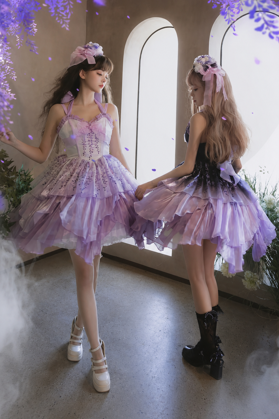 [Pre-order Deadline: June 18] Wisteria Purple Gradient Fairy Lolita Bow Layered JSK Dress + Full Set (Dress + Flower Hat)