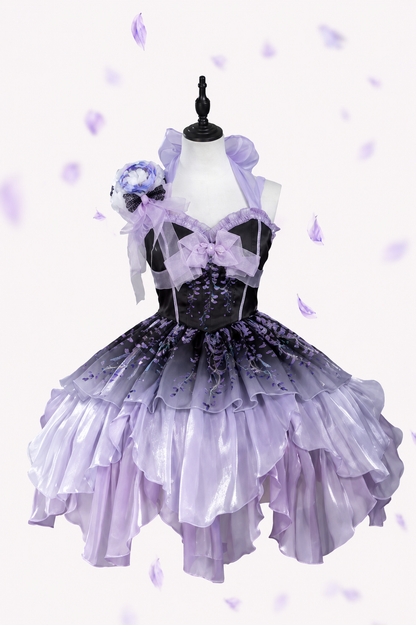 [Pre-order Deadline: June 18] Wisteria Purple Gradient Fairy Lolita Bow Layered JSK Dress + Full Set (Dress + Flower Hat)