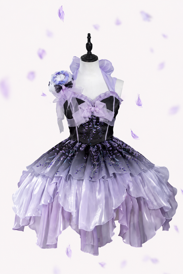 [Pre-order Deadline: June 18] Wisteria Purple Gradient Fairy Lolita Bow Layered JSK Dress + Full Set (Dress + Flower Hat)