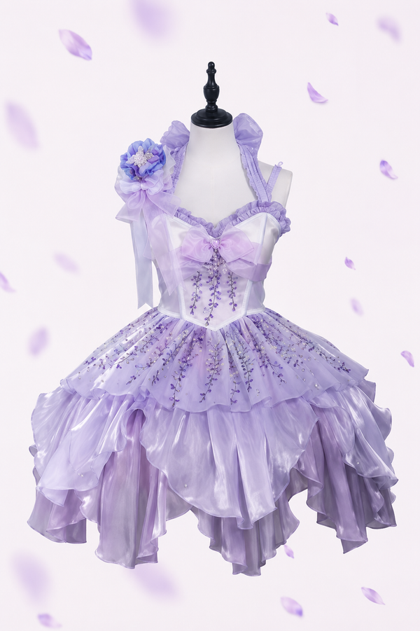 [Pre-order Deadline: June 18] Wisteria Purple Gradient Fairy Lolita Bow Layered JSK Dress + Full Set (Dress + Flower Hat)